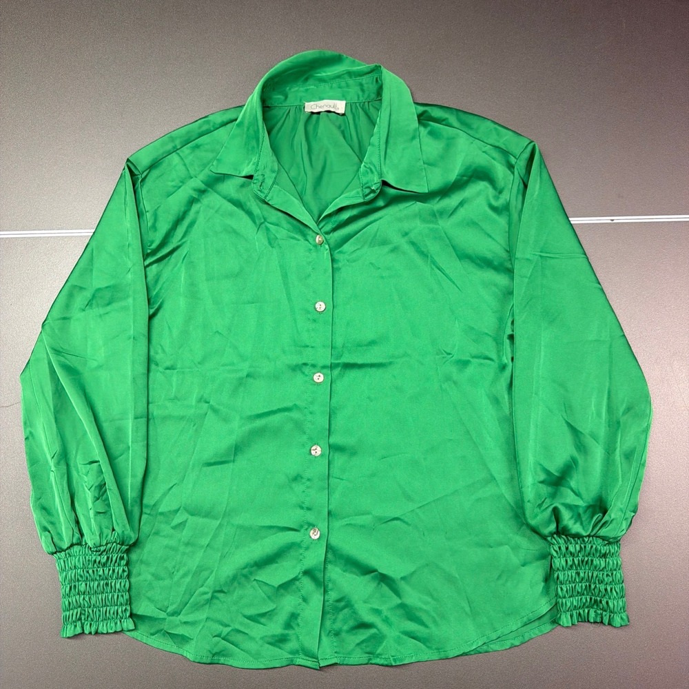 Chenault Emerald Green Satin Blouse Smocked Cuff‎ Balloon Sleeve offie academia